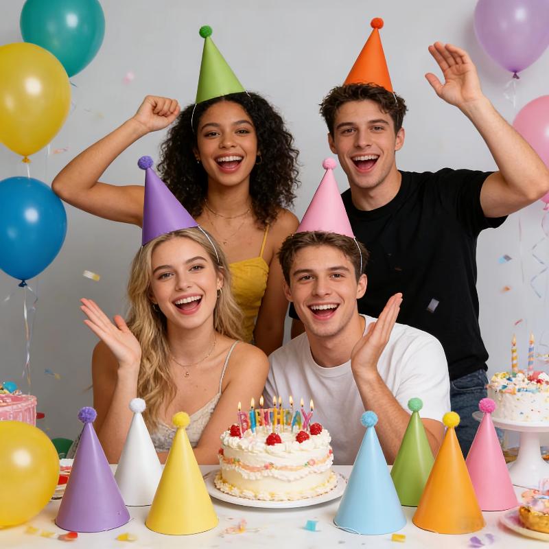 Cone Birthday Party Hats with Pom Poms Waterproof Colorful Paper Hats 9/12Pcs for Beach Pool Birthday Party Decor Favors Gifts