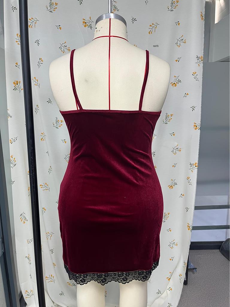 Lace Wine Red Strappy Bodycon Lingerie Dress with Slit