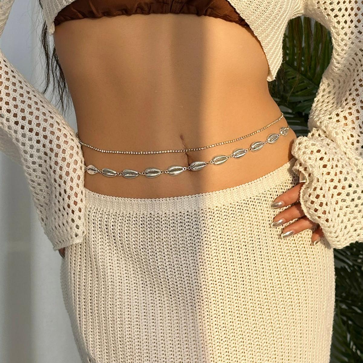 

Exaggerated Metal Shell Full Rhinestone Chain Spliced Starfish Waist Chain Set For Women Men Sea Star Summer Beach Body Jewelry