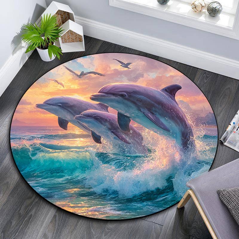 Dolphins Round Area Rug,Carpet Rug for Living Room Bedroom Sofa Playroom Decor,Non-slip Floor Mat