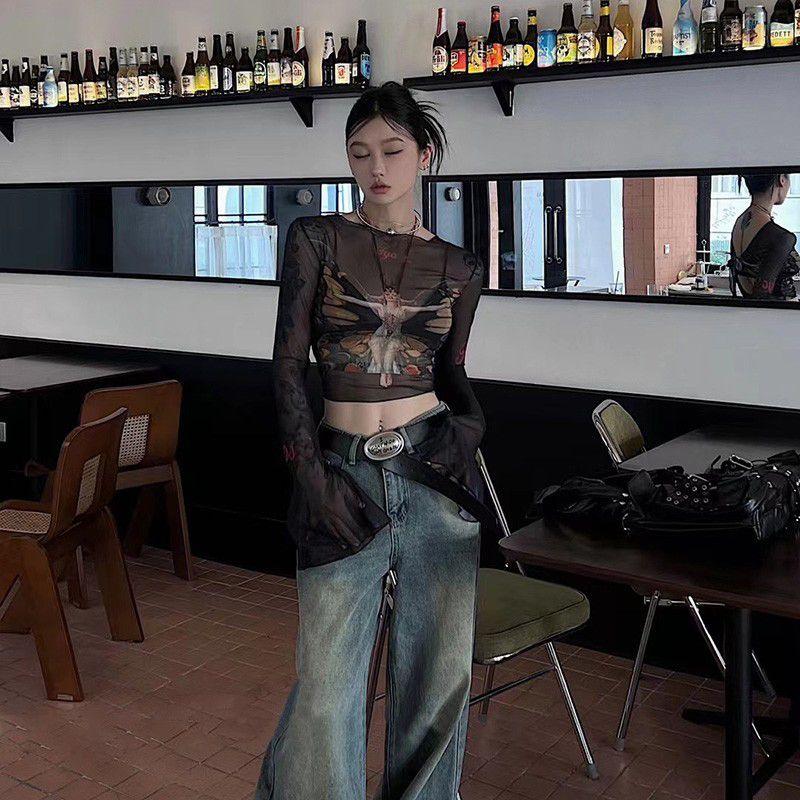 

Футболка с длинным рукавом в американском стиле, весна-лето, для острой девушки, двусторонняя, ретро, сетчатый базовый слой, топ для защиты от солнца чёрный