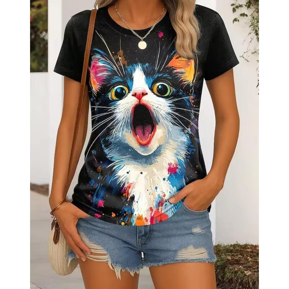Women's round neck T-shirt Summer casual fashion short-sleeved top 3D cat print animal pattern Large Size Women's Clothing