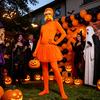 Halloween Cosplay Overall Orange Ganzkörperanzug, mit Tüllrock, Fake-Bauch, Gelbem Schnurrbart & Augenbrauen, Versteckter Reißverschluss Outfits Offenes Gesicht Zentai