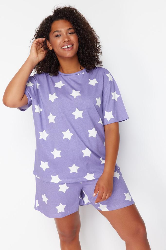 Women's Style Plus Size Lilac Star Printed Knitted Pajama Set