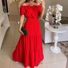 LYRIA Solid Boho Dress Women Fashion Elegant Beach Party Dress Casual Slash Neck Office Maxi Dresses For Woman Robe Femme