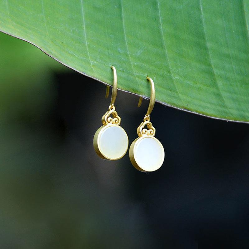 Creative Design  Inlaid Natural Hetian Jade Mirror Round Earrings Ancient Gold Craft Design Classic Chinese Style Jewelry