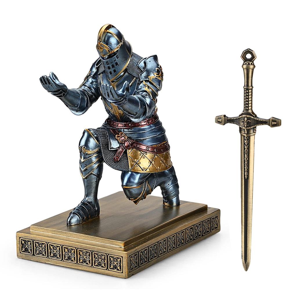 HDMbigmi King's Guard Knight Pen Holder, Pen Stand, Desk Organizer Accessories, Resin Pencil Holder Gift with Metal Sword Letter Opener for Office or