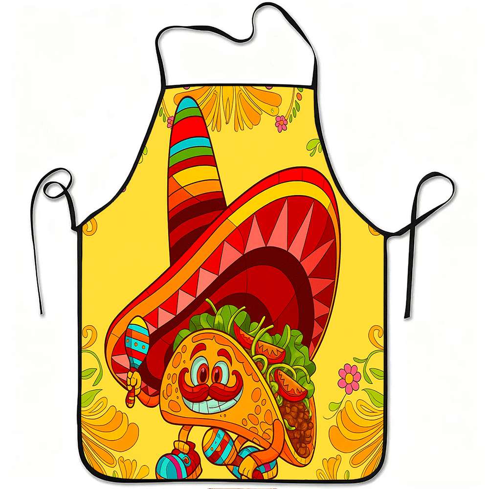 1pc of Fun Printed Apron Featuring a Mexican Taco Hat Design, Made from Durable and Easy-to-clean Polyester. Suitable for Kitchen Cooking, Gardening,