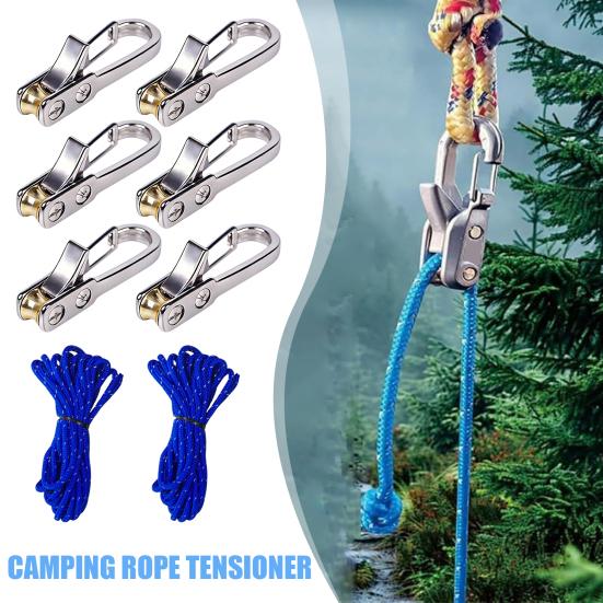 1 Set Heavy Duty Rope Tensioner, Rope Roller with 2 Reflective Nylon Cord, Metal Rope Tightening Tool for Camping, Tarps, Guy Lines, Boating