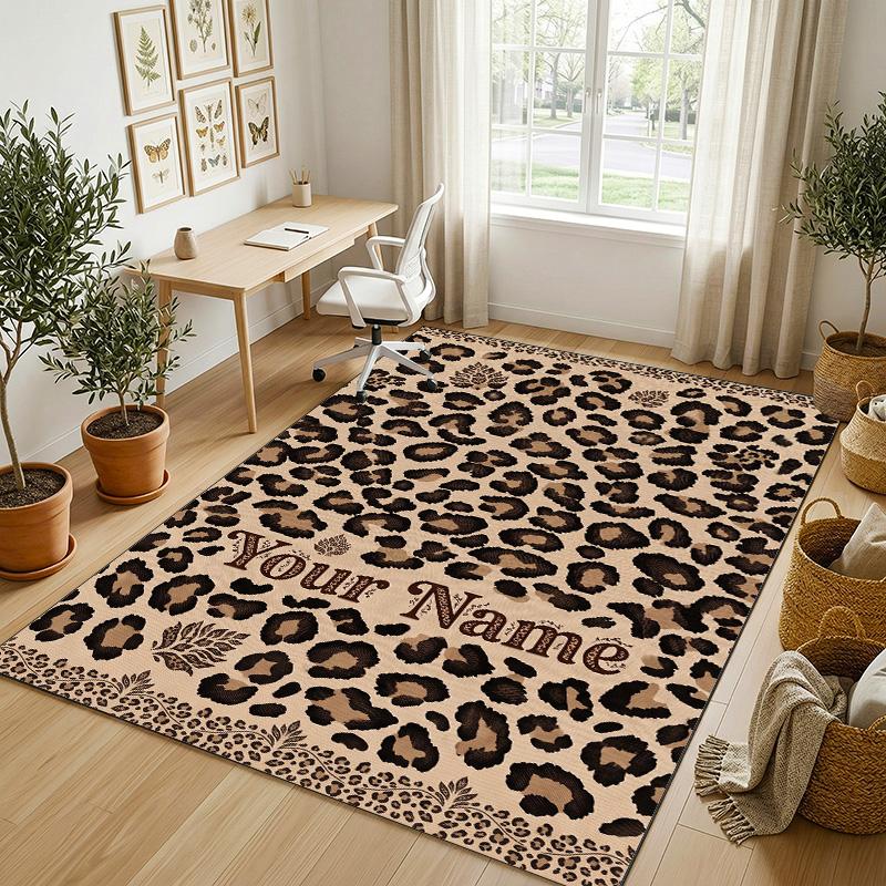 Leopard Print Theme Soft Crystal Velvet Rug Custom Name & Text Print Non Slip Floor Rug for Bedroom Living Room