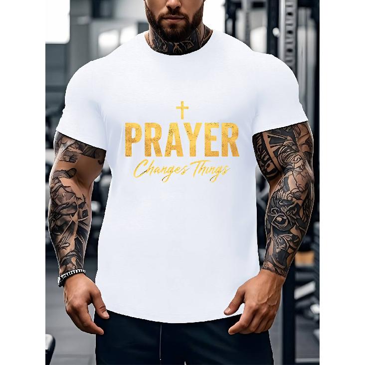 Men  s Plus Size Christian Faith T-Shirt -  Prayer Changes Everything  Golden Lettering with Praying Hands Design, Moisture-Wicking Fabric, Ideal for S чёрный