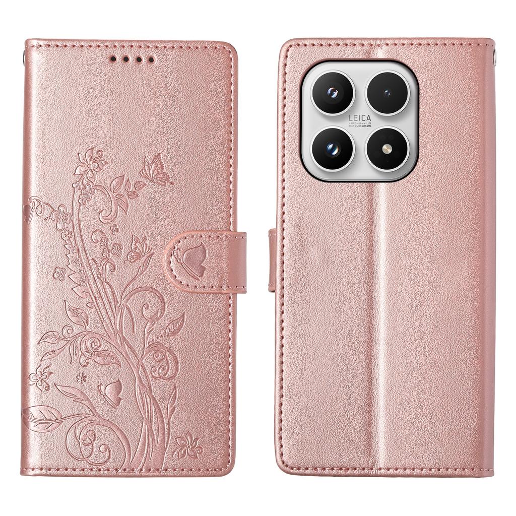For Xiaomi 17 Wallet Case Butterfly Floral Imprint PU Leather Phone Cover with Wrist Strap