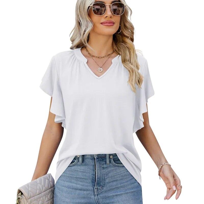 2026 Summer Casual Ruffled Edge Women Tshirt V-neck Fashion Solid Color Tee Shirts Elegant Pleated Loose Simple Blouse 30610