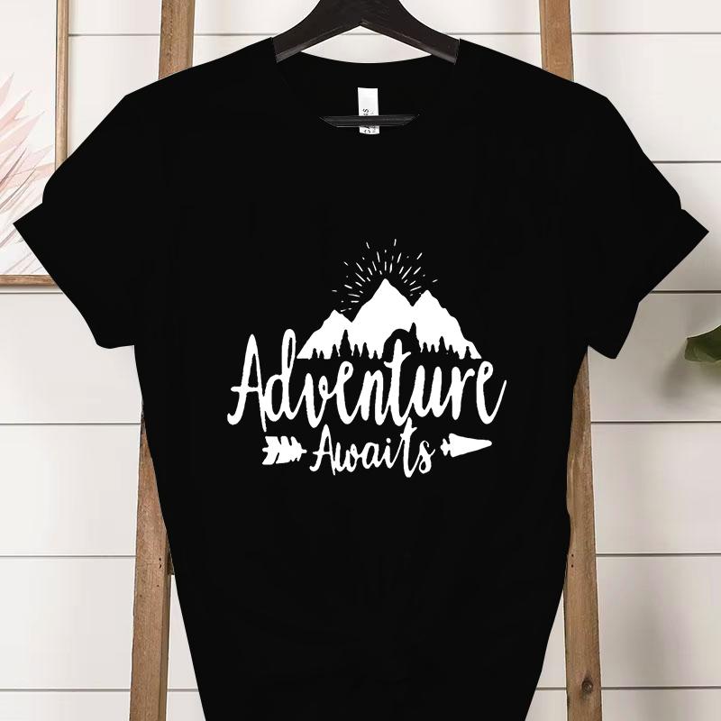 Adventure Awaits Crew Neck Short Sleeve Tshirt Women Mountain Outdoors Hiking Classic Tops Funny Camping Gifts Casual Tshirts