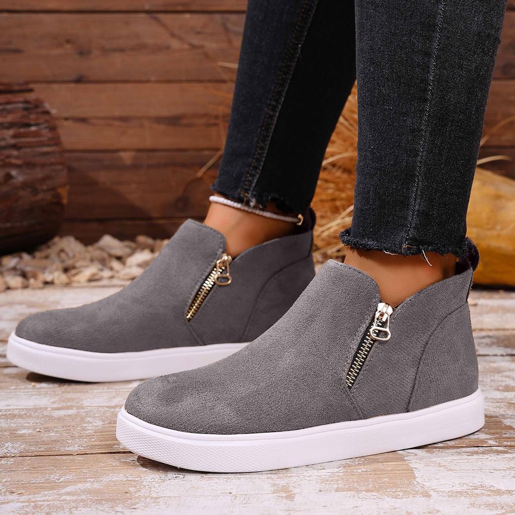 Women's Suede Flat Shoes Fashion Retro Round Toe Short Barrel Casual Side Zipper Thick Bottom Short Studded Boots for Women