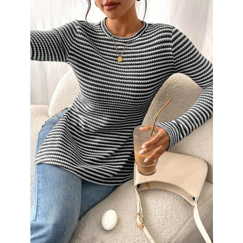 Damenmode Lässig Frühling Herbst Streifendruck Langarm O-Ausschnitt Blusen & Hemden