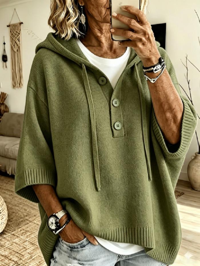 2026 Women's Hooded Knit Sweater with Buttons - Autumn/Winter European American Style, Versatile, Solid Color, Half-Open, Cozy Fit.