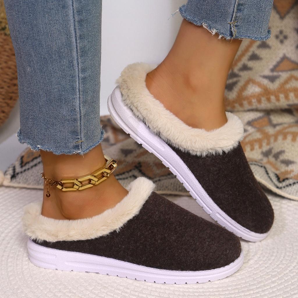 Fashion Flat Bottom Fur Slippers for Women Autumn Winter Casual Female Shoes Slip on Comfortable Indoor Plush Warm Baotou Half Slipper