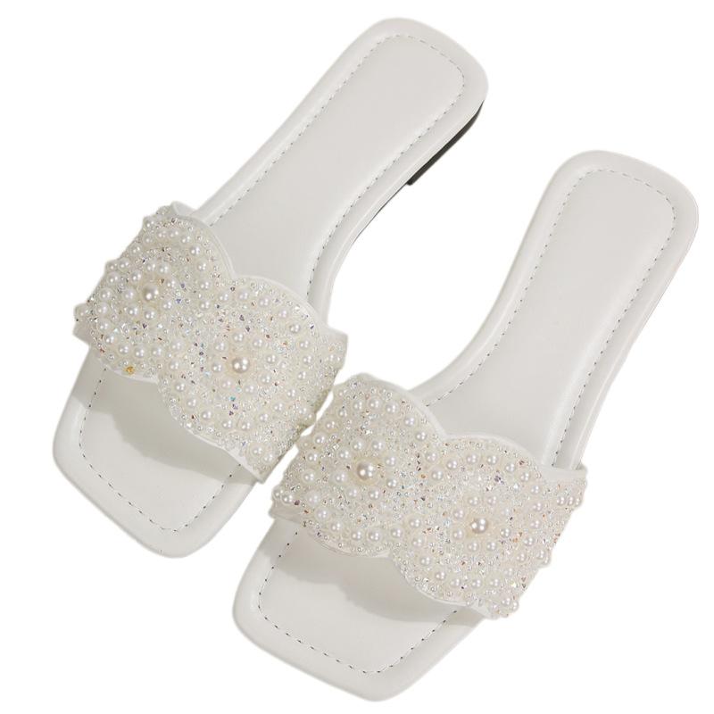 Sommer Ein-Wort-Slipper Damen Sandalen Strass Flacher Boden Mode Quadratische Spitze Außenbekleidung Perle