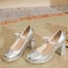 Fashion Women's Shoes Silver Slip On Chunky Sandals Square Toe Gold  Heels Branded Pumps Shallow Mouth Mary Jane Basketball Platform Swe