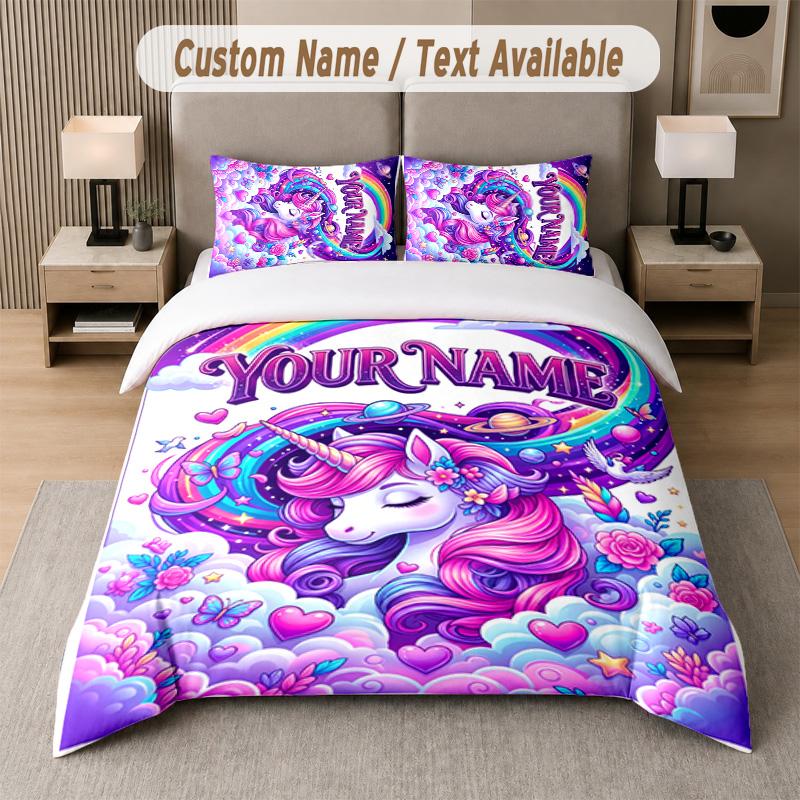 Unicorn Theme Custom Text Or Name 3Pcs Bedding Set 1 Flat Sheet & 2 Pillowcases Personalized Home Bedding
