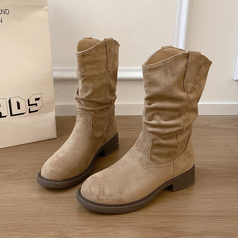 

Женские сапоги с мехом, осенние сапоги средней длины, новинка 2025 года, ковбойские сапоги в западном стиле, короткие сапоги на раннюю осень, рыцарские сапоги Martin 42 хаки