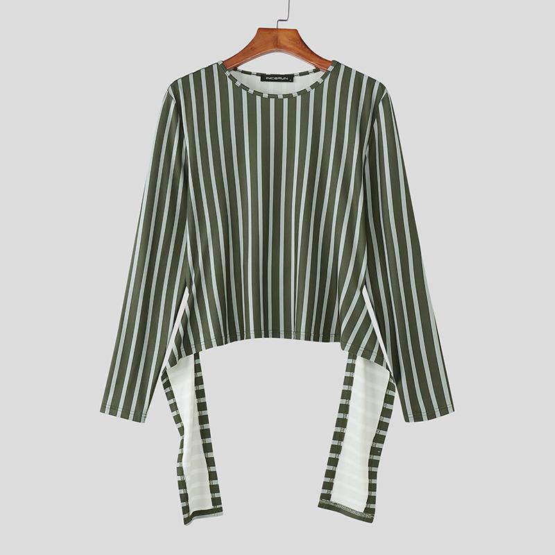 

INCERUN Мужские топы с длинным рукавом, в полоску, с открытой спиной, асимметричные, укороченные, футболки 5XL зелёный