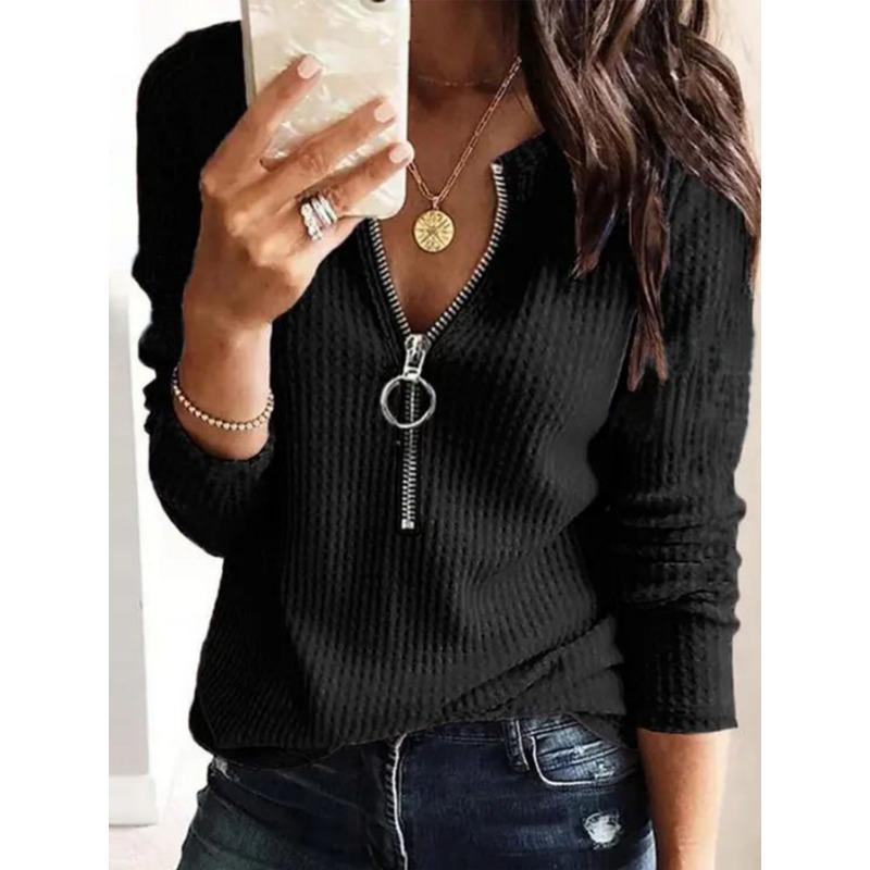 Women Solid Color Waffle Long Sleeve Zipper Casual T Shirt Top