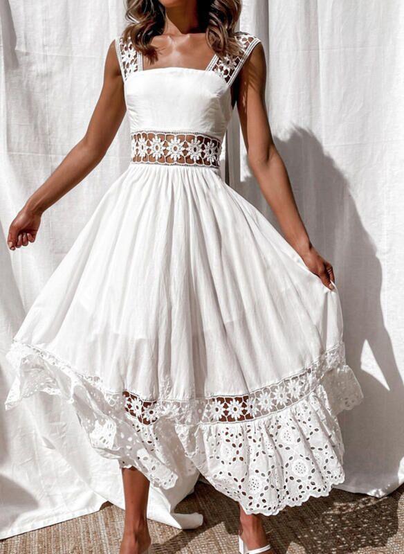 

New European and American fashion lace sleeveless splicing pendulum long dress dress S белый