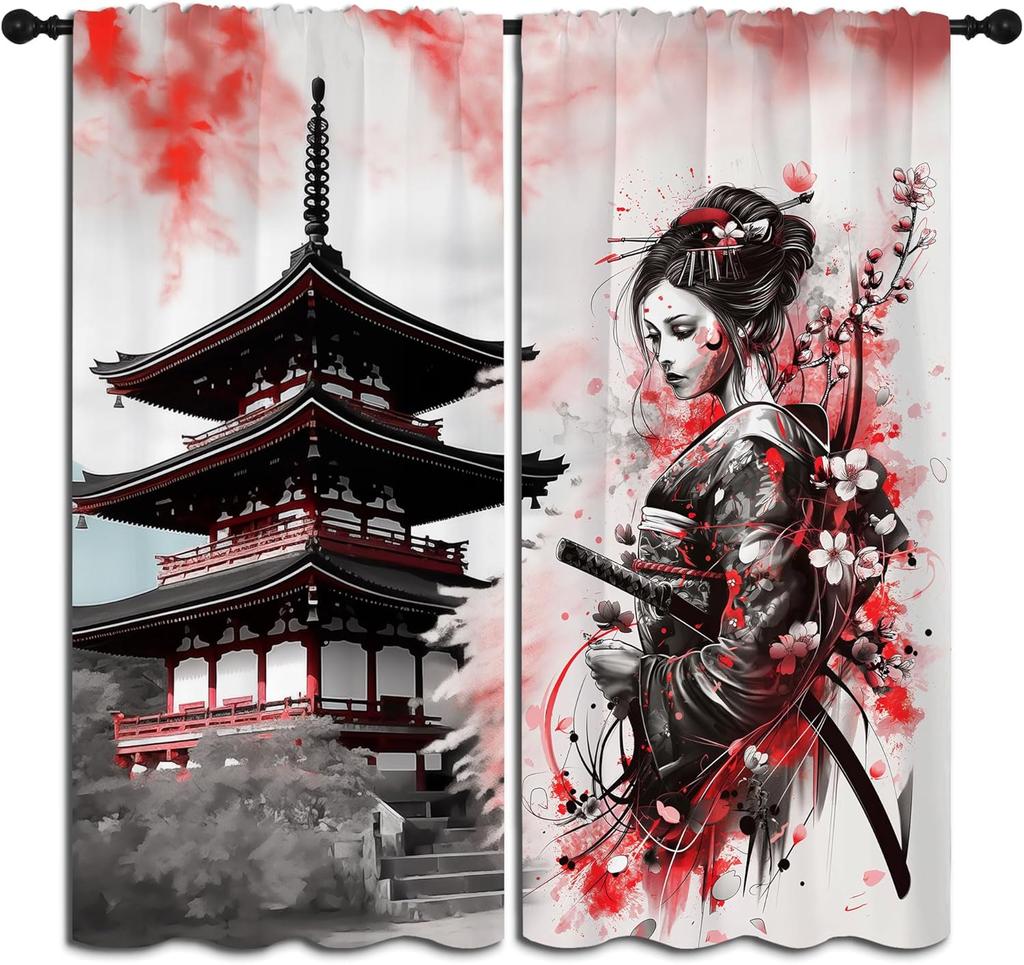 Modern Anime Curtains Boys Girl Bedroom Decor Japanese Cherry Blossom Female Samurai Thermal Insulated Curtain Blackout For Sleeping Area Polyester
