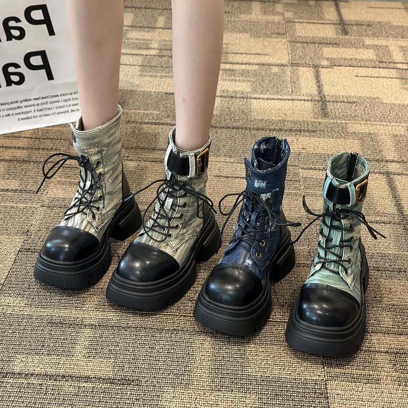 Martin Boots Women's Autumn and Winter New Old Thick-soled Denim Locomotive Breathable Thin Tooling Short Boots