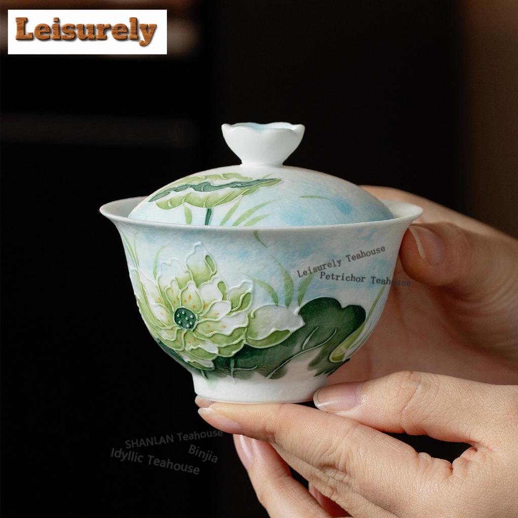 120ml Handbemalte Arita Porzellan Lotus Gaiwan Antike Teeterrine Teeschale mit Deckel Set Teezubereiter Deckelschale Trinkgeschirr Handwerk