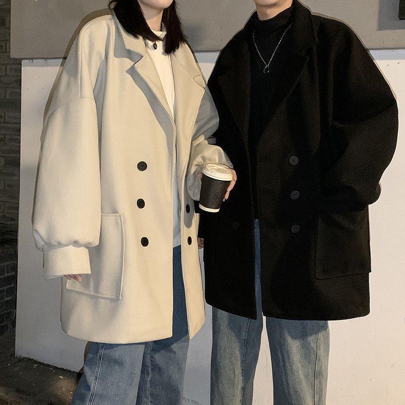 

Harajuku Style Double-Breasted Woolen Coat: Unisex Mid-Length Autumn/Winter Uniform M чёрный