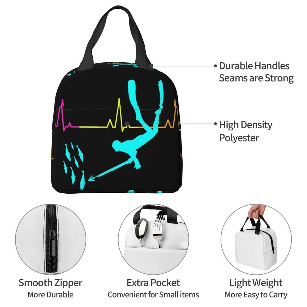 Spearfishing Spearfisher Fishing Heartbeat Pulse Insulated Lunch Bag for Women Kids Portable Food Boxes Thermal Lunch Box Tote