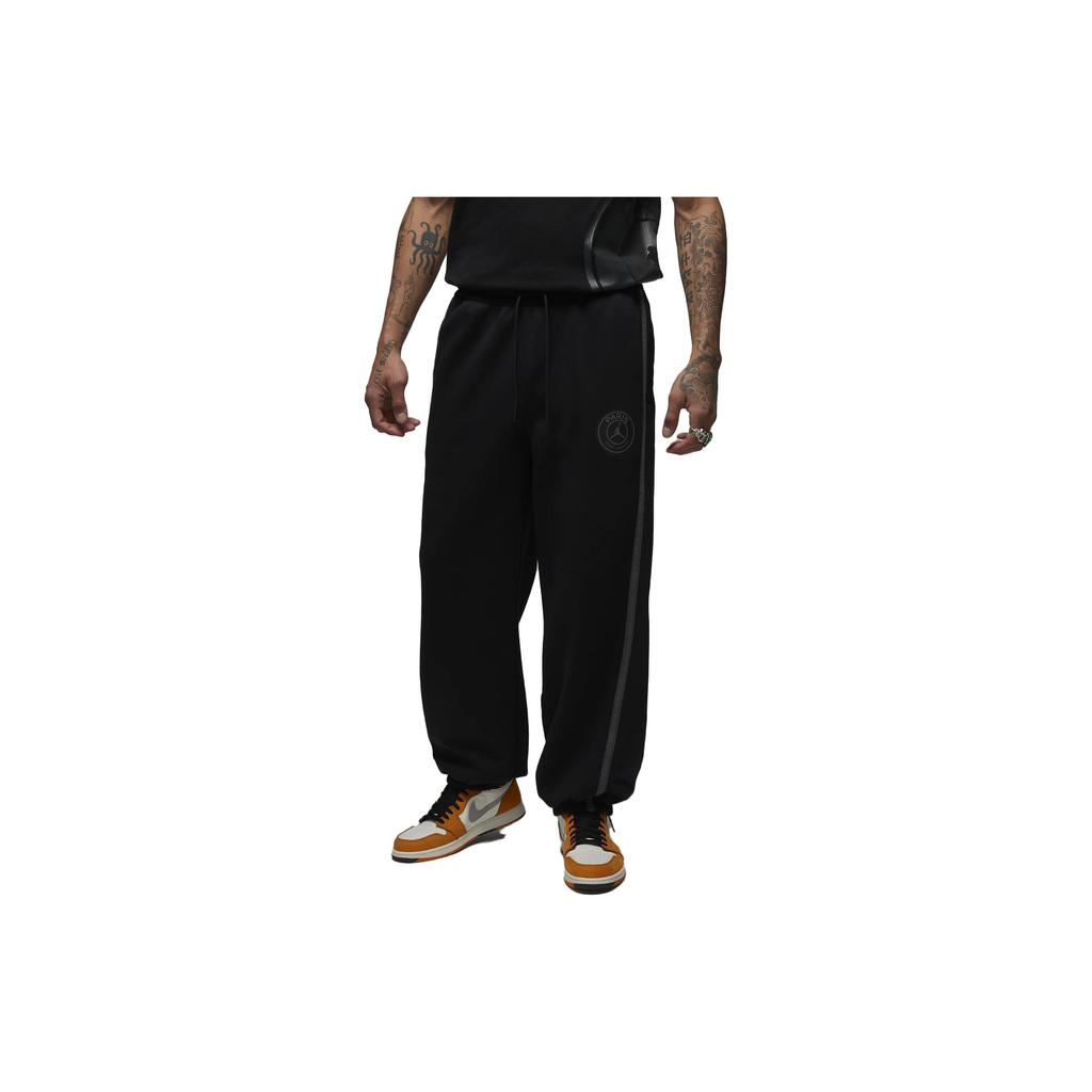 Jordan X PSG Collaboration Paris Saint-Germain Drawstring Logo Print Loose Mid-Rise Tie Waist Fleece Knit Sweatpants Men bottoms Black DZ2949-010