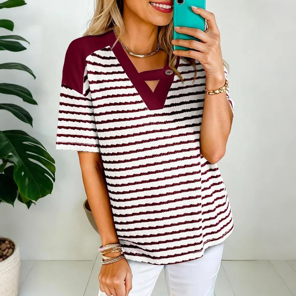 Women's Casual Short-sleeved V-neck Striped Color-blocked T-shirt/shirt