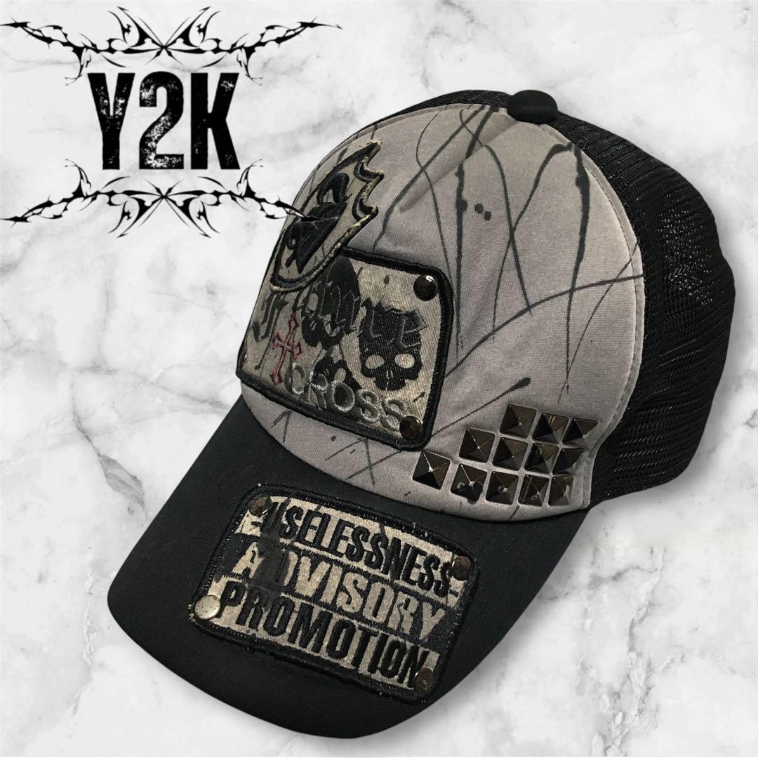 

[USED] Y2K Mesh Cap Skull Cross Studs Heisei Grunge Gimmick