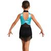 Costume da Ballo Latino da Bambina Brillante con Paillettes, Scollo all'Americana, Senza Maniche, Rete in Vita, Foro sulla Schiena, Body Metallico con Frange