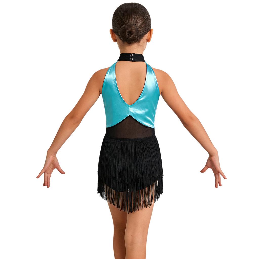 Costume da Ballo Latino da Bambina Brillante con Paillettes, Scollo all'Americana, Senza Maniche, Rete in Vita, Foro sulla Schiena, Body Metallico con Frange