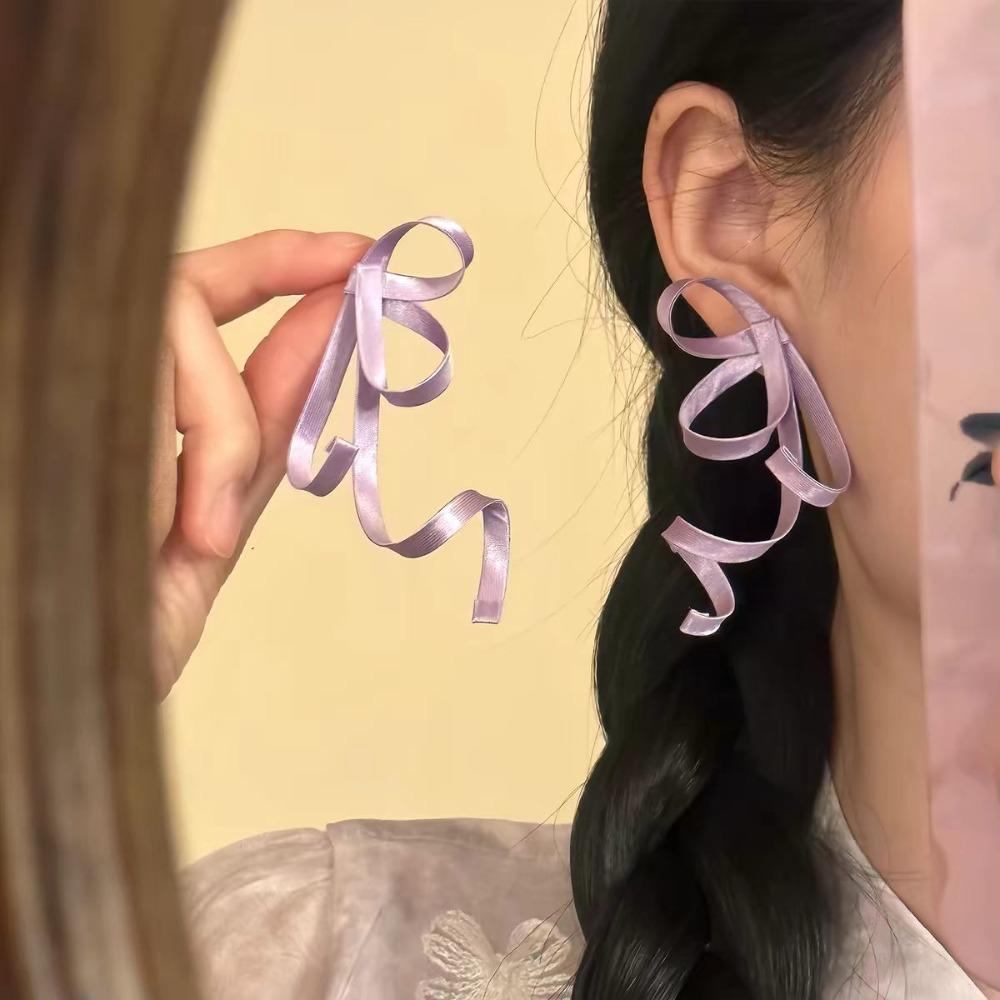 Geometric Bow Ribbon Stud Earrings Silver Needle Vacation Style Earrings Wedding фиолетовый