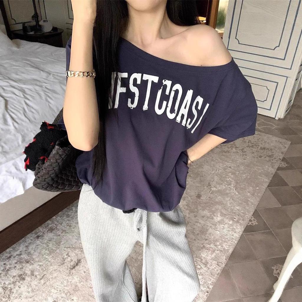 2026 Summer Women's Asymmetrical Letter Print T-Shirt - Short Sleeve, Loose Fit, Versatile Spicy Girl Design