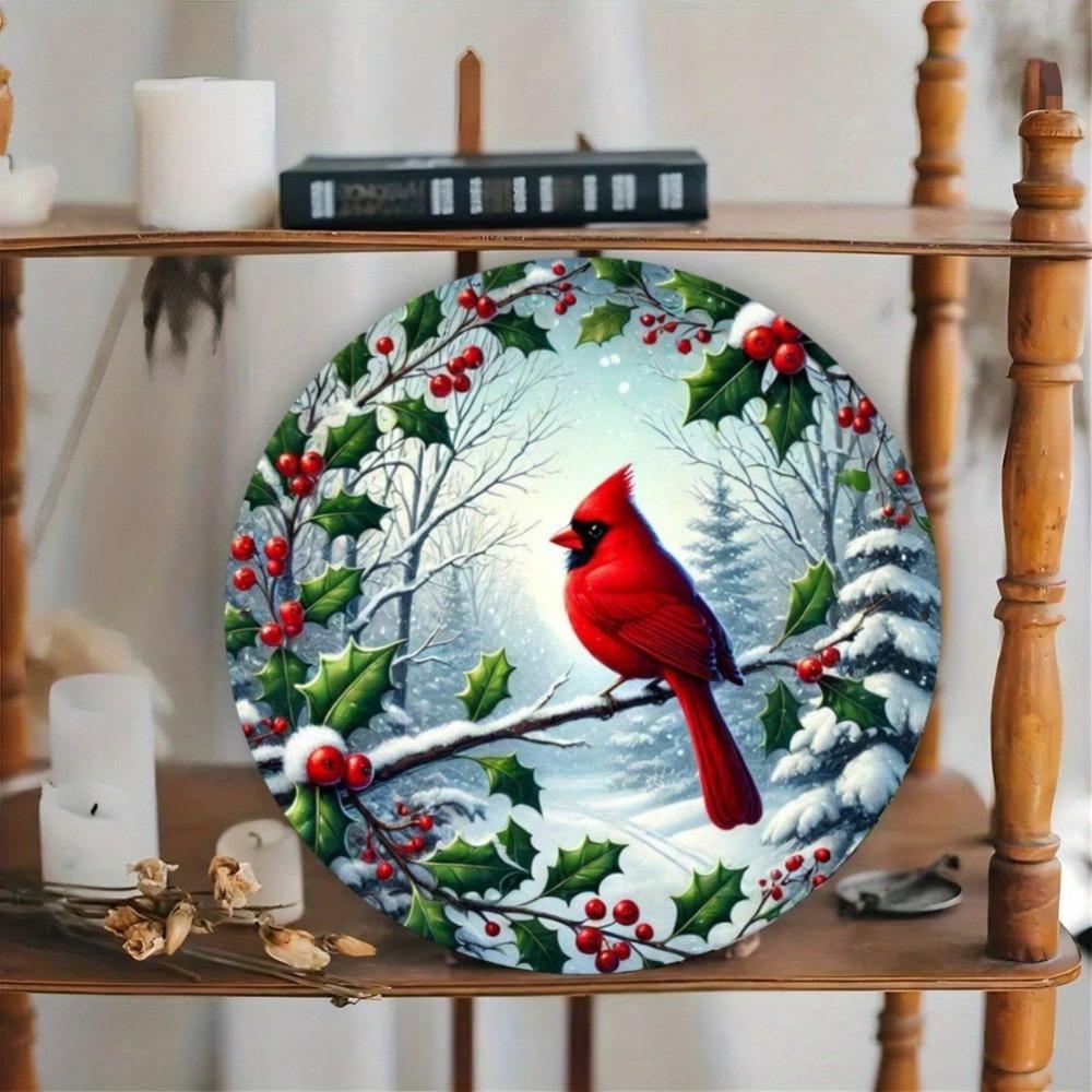 1PC Cardinal and Holly Berry Round Wreath Wall Art Decor Hanging Iron Metal Painting for Christmas Gift Home Garden Porch Bar Cafe Office