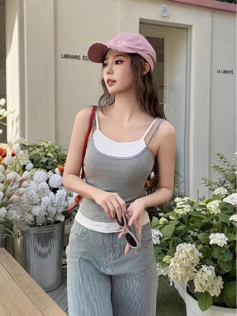 Korean-Style Girlish Camisole Vest with Pleated Inner Layer and Chest Pads