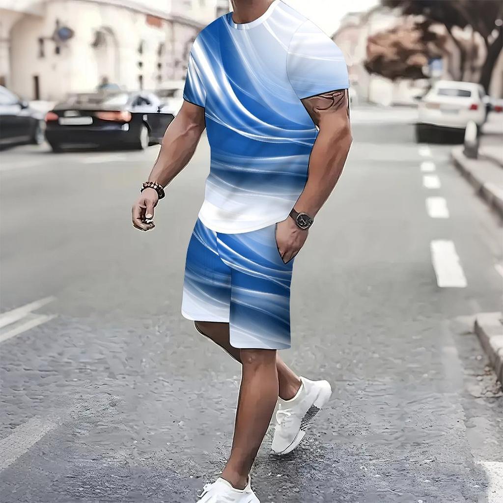 Men Black Gold Swirl Texture Split Print Short Sleeve Tee And Matching Shorts Two Piece Suit