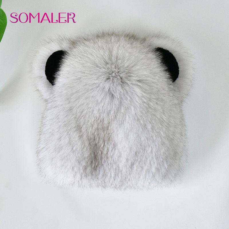 SOMALER Cute Bear Ears Pattern Fur Hat for Women Girls Real Fox Fur Beanie Fluffy Russia Style Bomber Beanie with Lining for Cold Winter