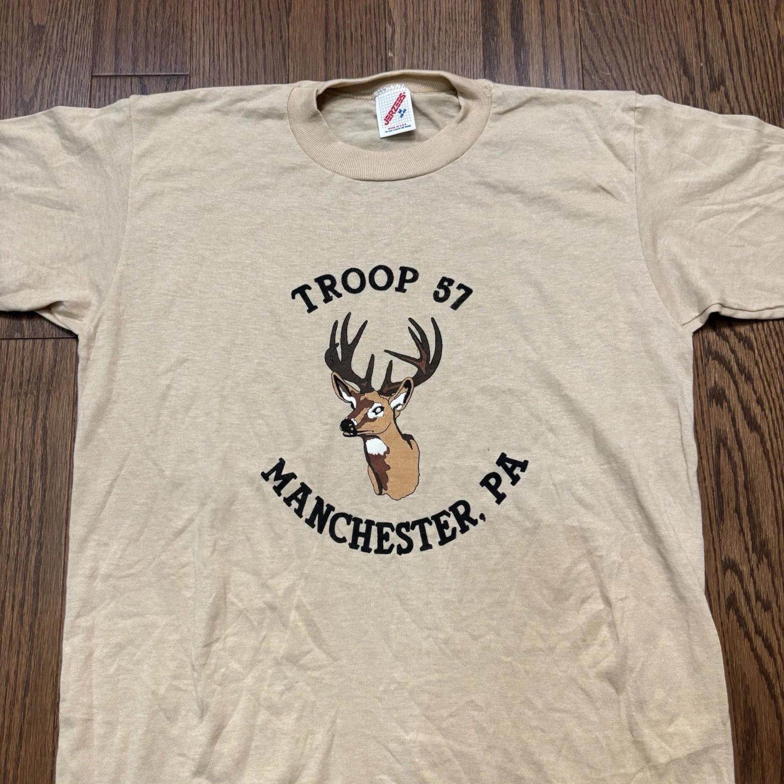 

Vintage 80s Boy Scout T Shirt Troop 87 Pennsylvania PA Deer Animal Beige Tan M 3XL