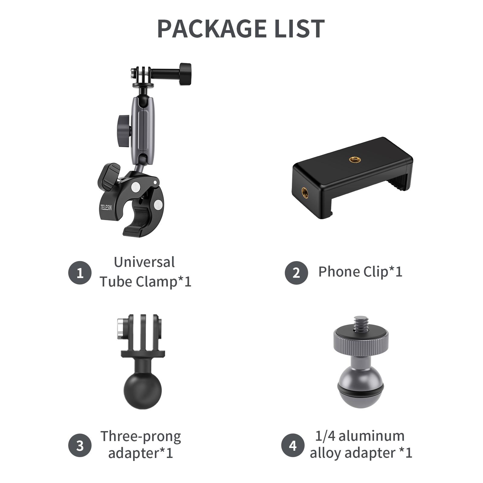 TELESIN Cycling Motorcycle Clip Magic Arm 360° Aluminum Alloy Super Clamp 1/4 Hole For Camera GoPro Mobile Phone Action Camera Aluminum alloy Set A