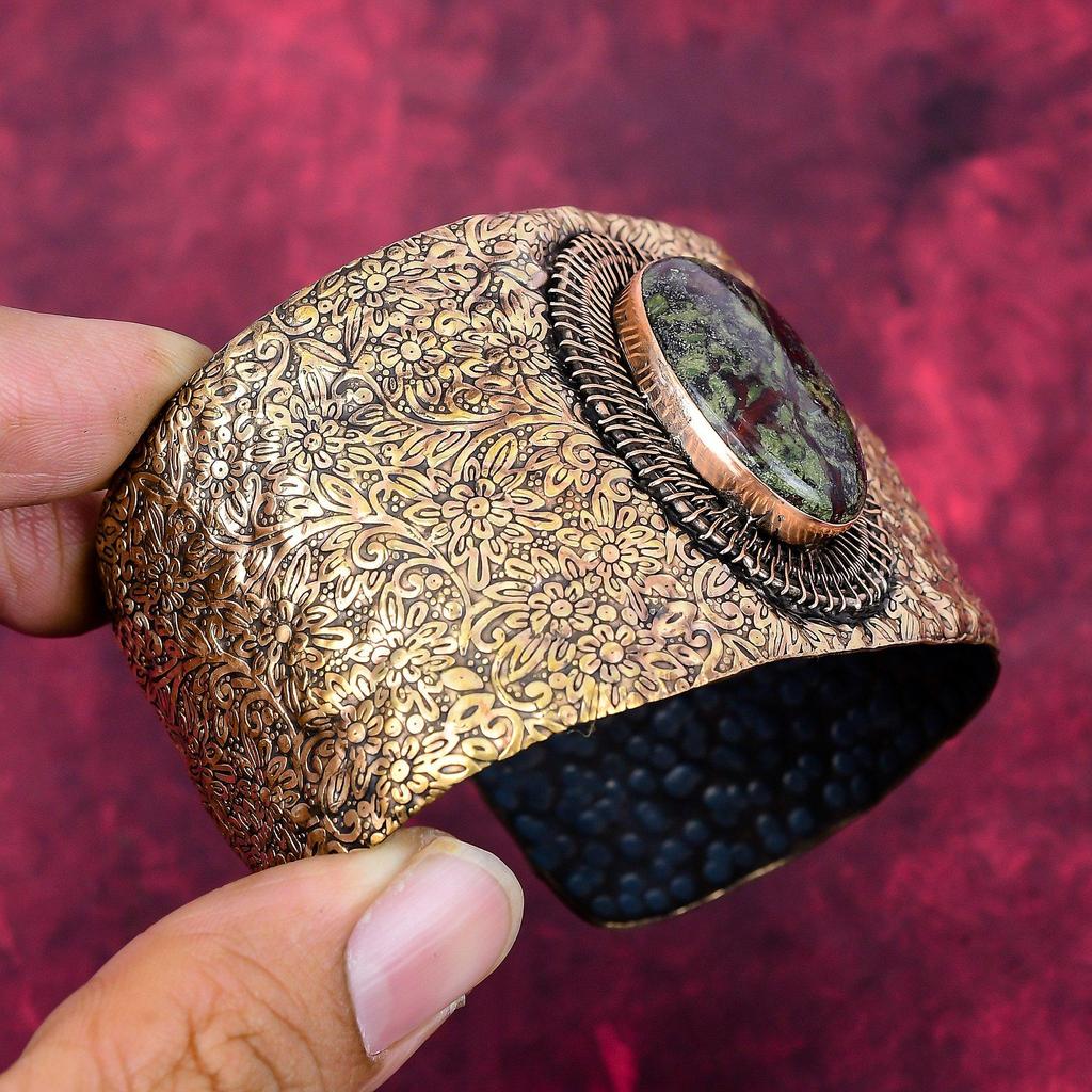 Dragon bloodstone cuff bracelet copper wire wrapped bangle real gemstone jewelry adjustable bangle handmade wire wrap jewelry gifts for wife