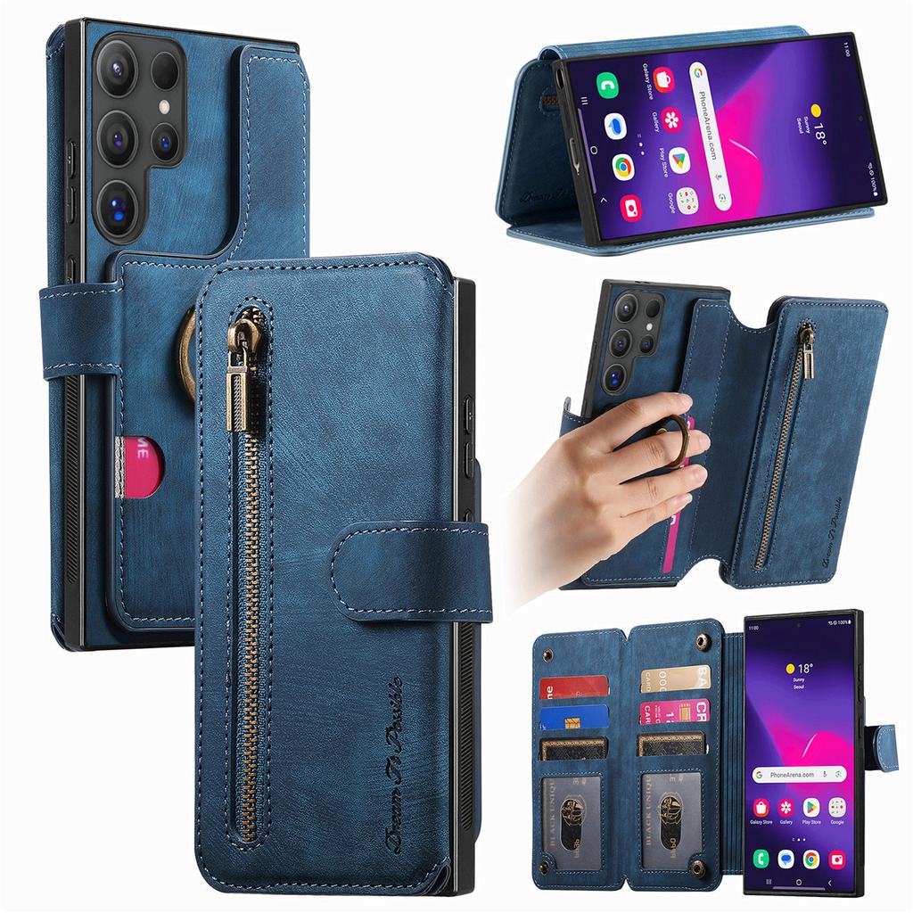 Dragkedja Kortfack Plånbok Läder Ringhållare Plånboksfodral För Samsung Galaxy S25 Ultra S24 Plus S23 A16 A06 A55 A35 A15 Flipfodral