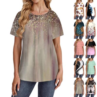 Damen Kurzarm T-Shirts Rundhals Niedliche Tunika Tops Basic Tees Blusen Loose Fit Pullover